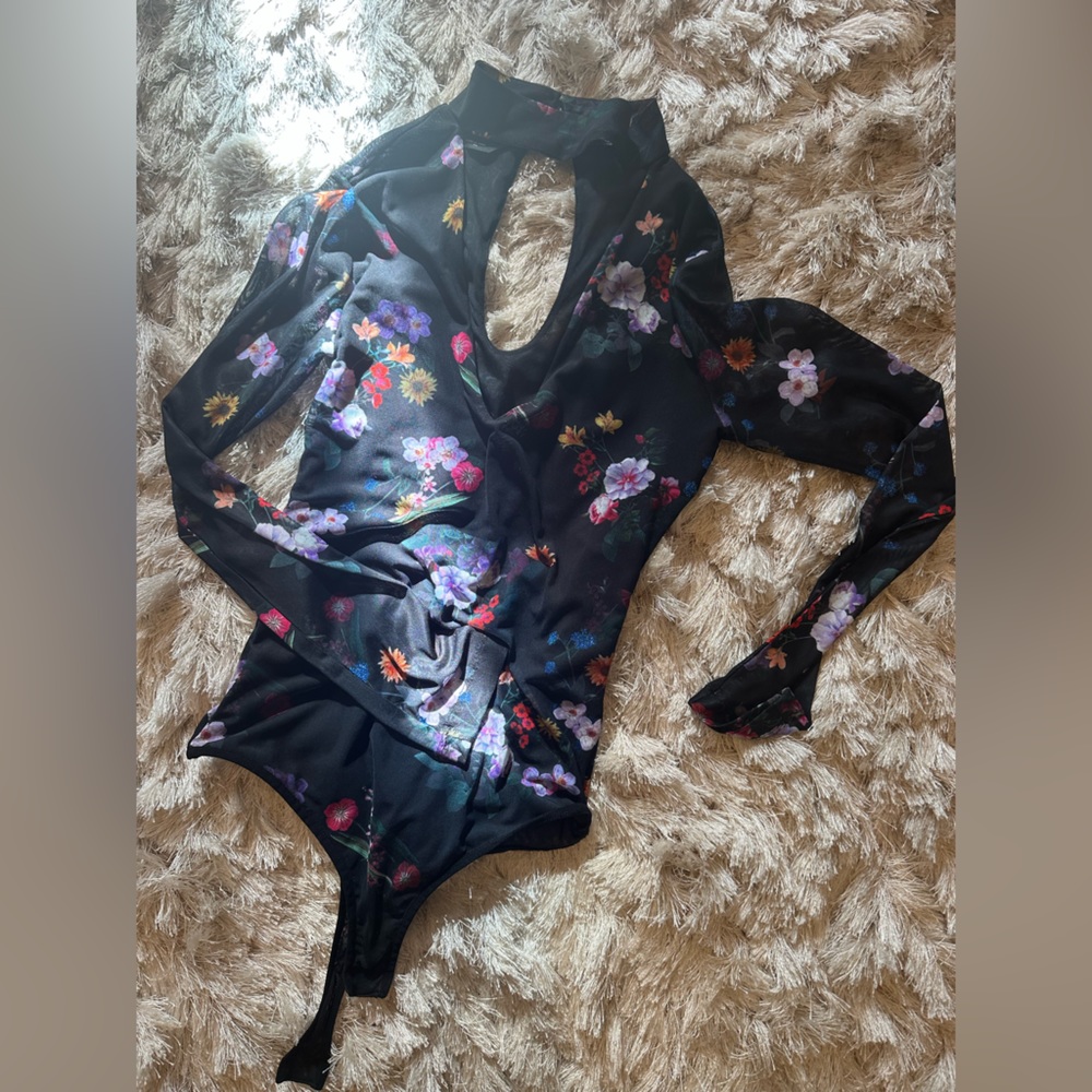Fashionova sheer black floral choker long sleeve bodysuit